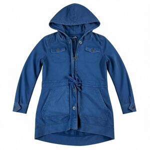 Lucky Brand Long Jacket Waist Tie Women's XS Blue Stretch Cotton Hooded Light